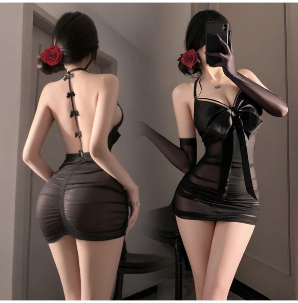 FEE ET MOI - Bow-Decorated Ruched Sheer Nightdress (Black)